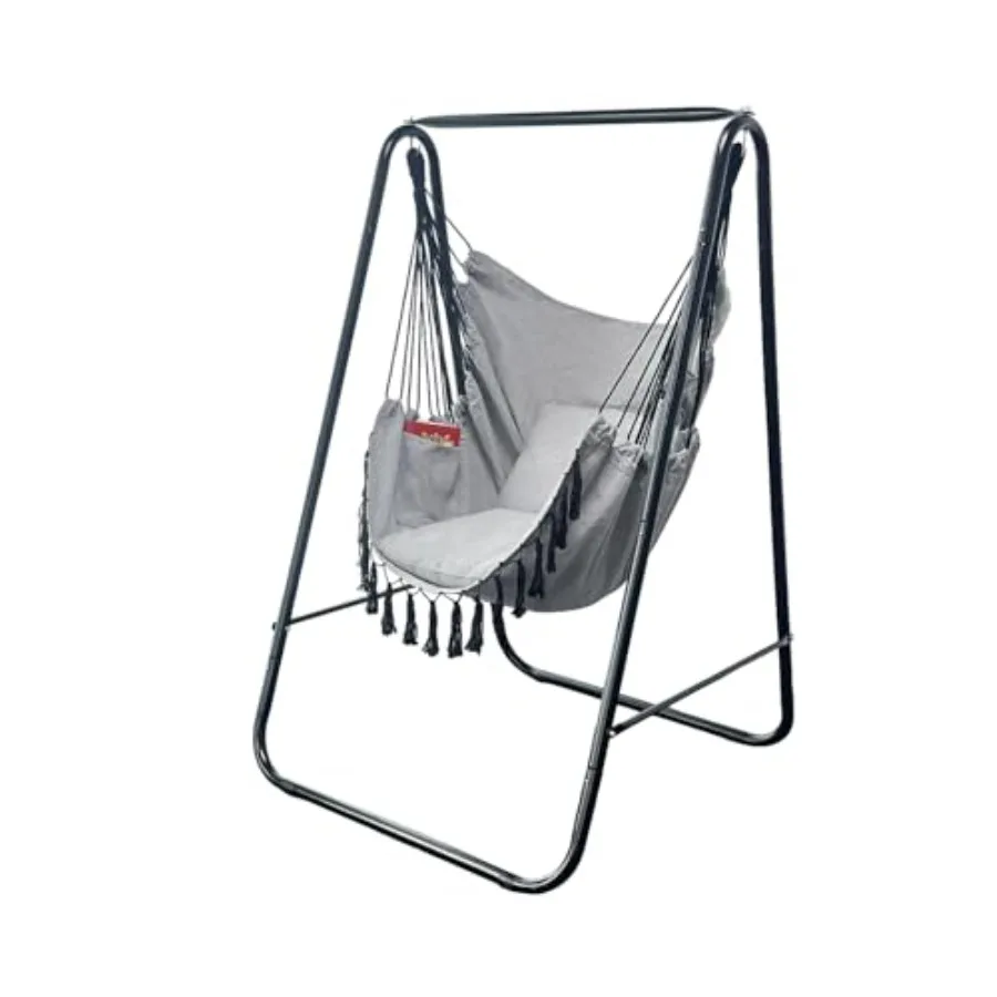 

Подвесное кресло-гамак с подставкой, усиленное, для дома и улицы, с 2 подушками, серое, максимальная нагрузка 500 фунтов