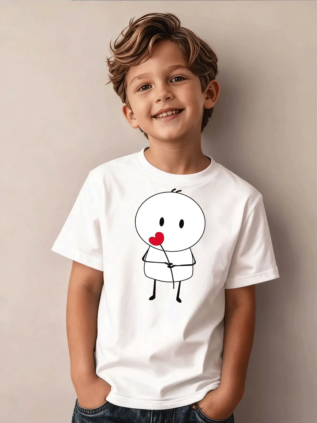 Kids  Cotton Tee Cute Stick Figure Holding Red Heart Cartoon Print Crew Neck Short Sleeve Sweet Love Theme Youth Tops