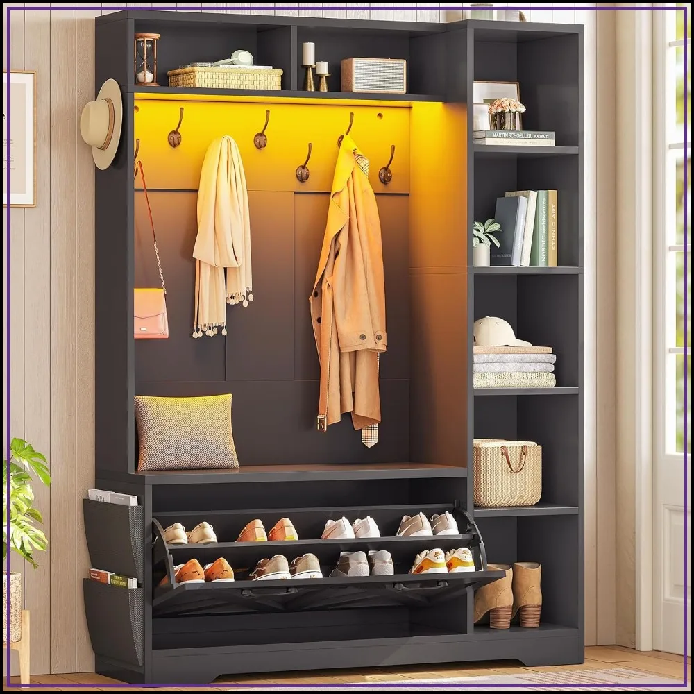Farmhouse Hall Tree with Bench, Shoe Storage, Coat Rack, 7 Shelves, 10 Hooks, Black