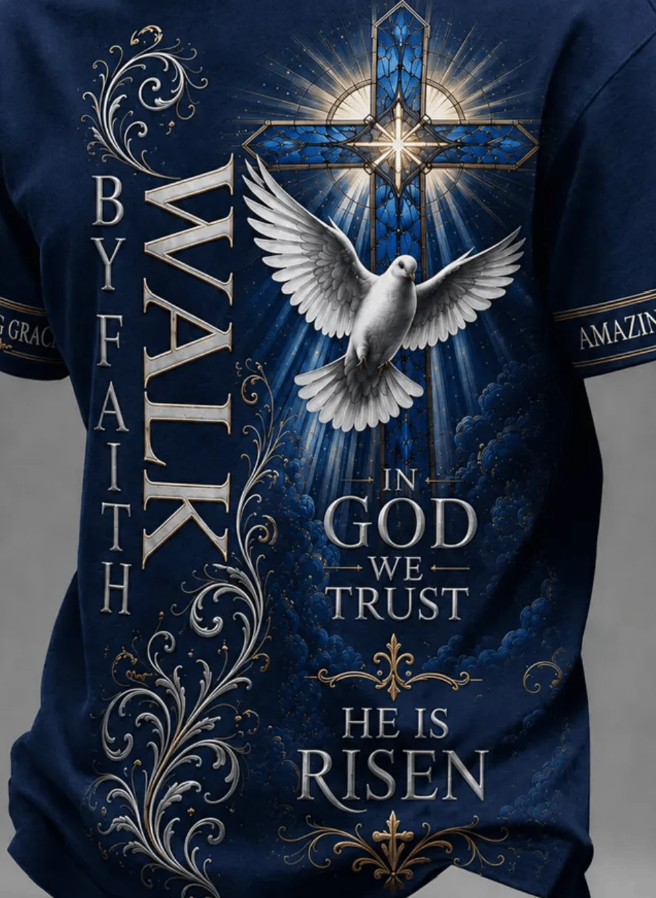 Men's navy blue short-sleeve T-shirt, featuring a cross, dove, and floral print, suitable for worship, daily commuting, and week
