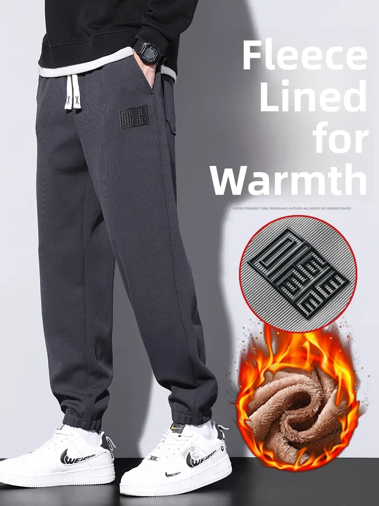 

Мужские зимние утепленные брюки на флисовой подкладке, повседневные, осенне-зимние, свободные, с манжетами, спортивные, модные, брендовые, теплые