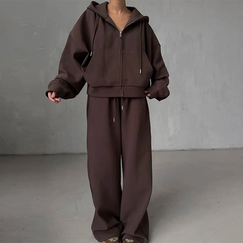 SuperAen European and American Women's Clothing 2025 Autumn and Winter New Solid Color Casual Hoody Sets