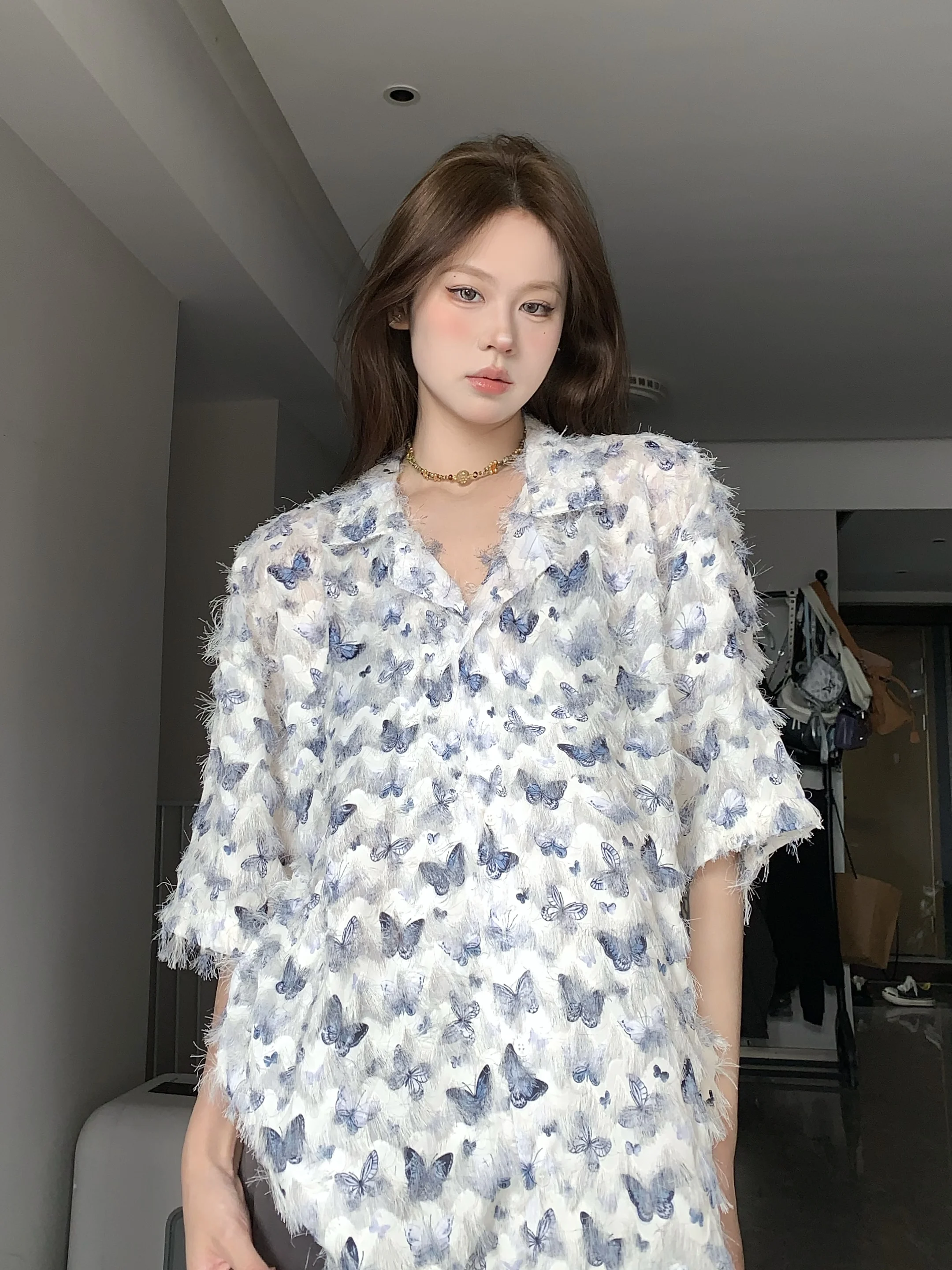 

BabyStudios Spring Summer Heavyweight 3D Fringe f Sve Loose Women's irt Casual Sle Collar Button up