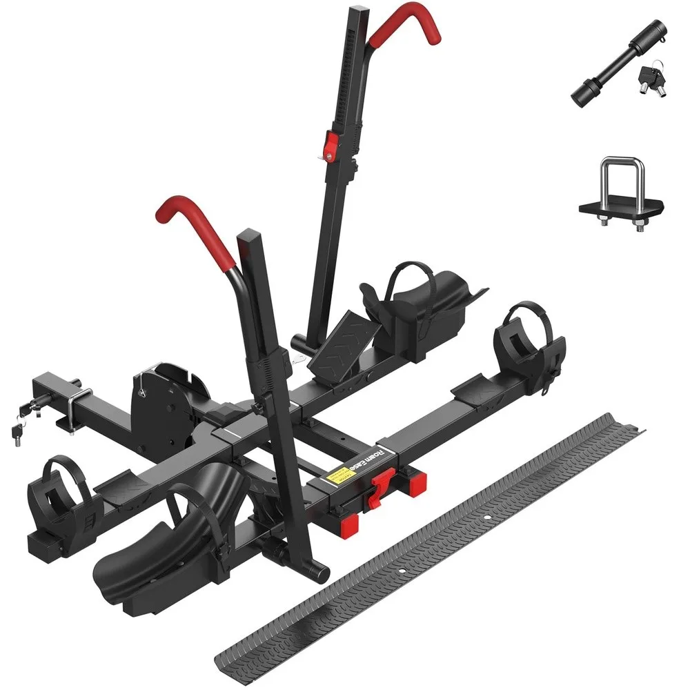 Hitch E Bike Rack with Ramp 170lbs Capacity Foldable Electric Bike Carrier for 2 Heavy Ebike Up to 5