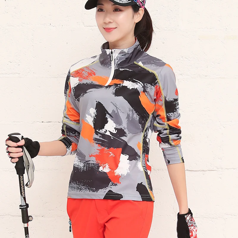 Summer Women Long Sleeve T-shirt Hiking Sports Casual Stand Collar Spring Outing Travel Big  Color Multicolored Tshirt