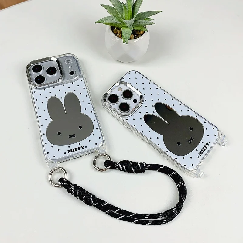 

Luxury Make Up Mirror Cute Cartoon Miffy Polka Dots Phone Case For iPhone 15 16 17 Pro Max Lovely Miffy Wrist Strap Back Cover