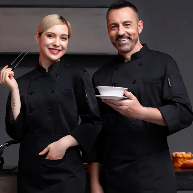 Jaqueta Chef profissional com botões, camisa Chef manga comprida, homens no restaurante do hotel e cozinha