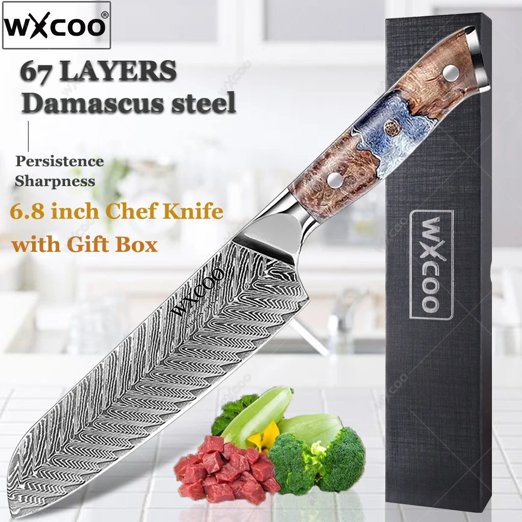 

6,8-дюймовый японский нож Сантоку, 67 слоев дамасской стали, кухонные ножи шеф-повара, нож для резки овощей, мяса, инструменты для приготовления пищи