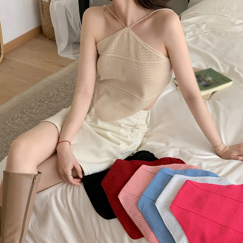 Women's Camisole Irregular Knitted Sleeveless Tank Tops Summer Solid Colour Backless Bandage Slim Sexy All-Match Inside Wear