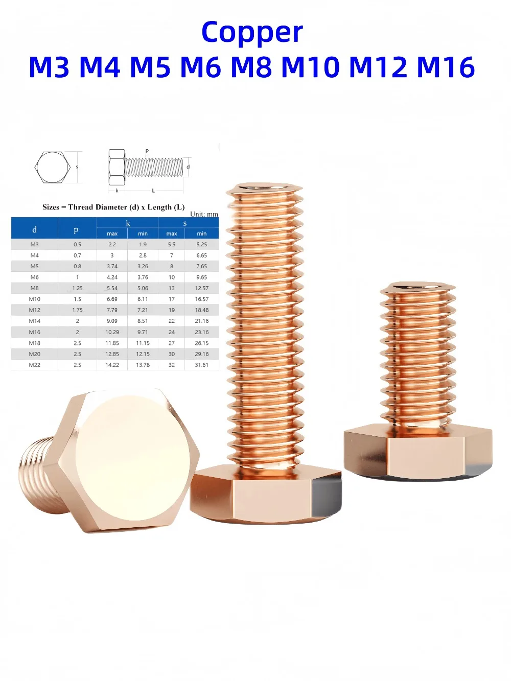 Red Copper DIN933 Hex Bolt M3-M16 Full Thread External Hexagon Head Screw 6-100mm Length High Conductivity Corrosion Resistant