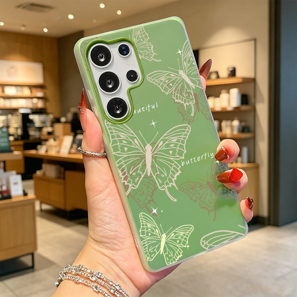 Beige Line Butterflies Dual Layer Shockproof Phone Case For Samsung Galaxy A57 A35 A34 A27 A A17 A07 A06 A05 Anti-Scratch Cover