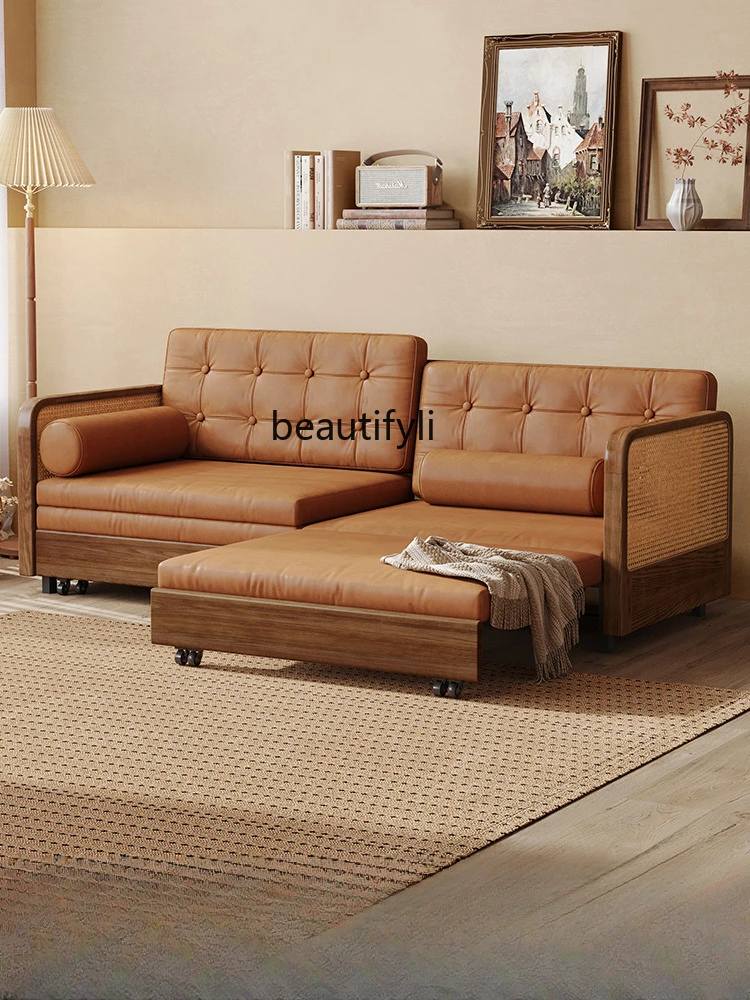 Sofa Bed Foldable Dual-Purpose Nordic Solid Wood Living Room Multifunctional Double Folding Sofa