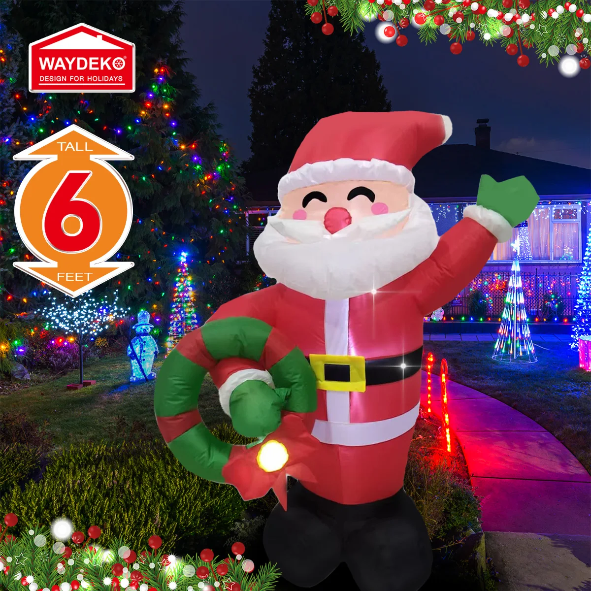 1.8m Christmas Inflatable Wreath Santa Outdoor Decorations LED Lighted Blow Up Yard Lawn Holiday  for Home Garden Winter Party