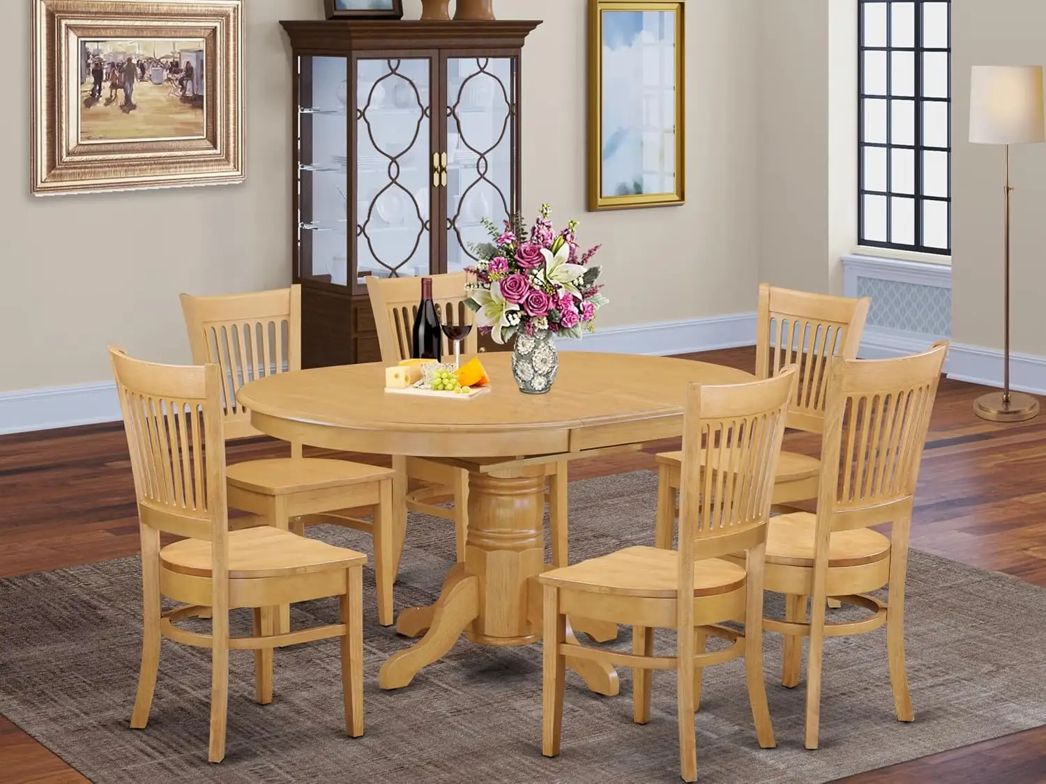 AVVA7-OAK-W Avon 7 Piece Room Furniture Set Consist of an Oval Kitchen Table with Butterfly Leaf and 6 Dining Chairs Oak