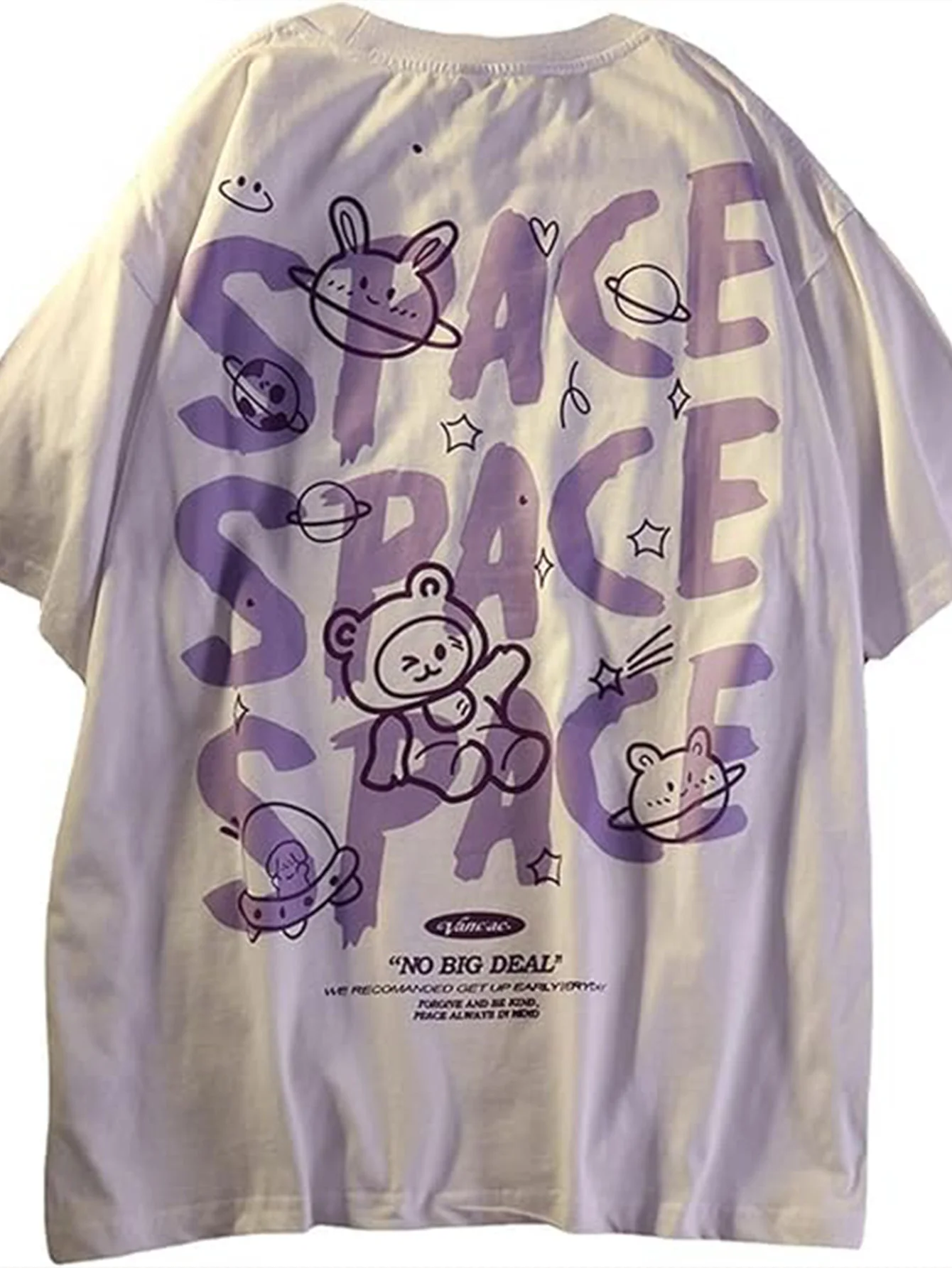 Crew Neck Short Sleeve T‑Shirt, Space Cartoon Bear Rabbit Back Print Casual Graphic Tee