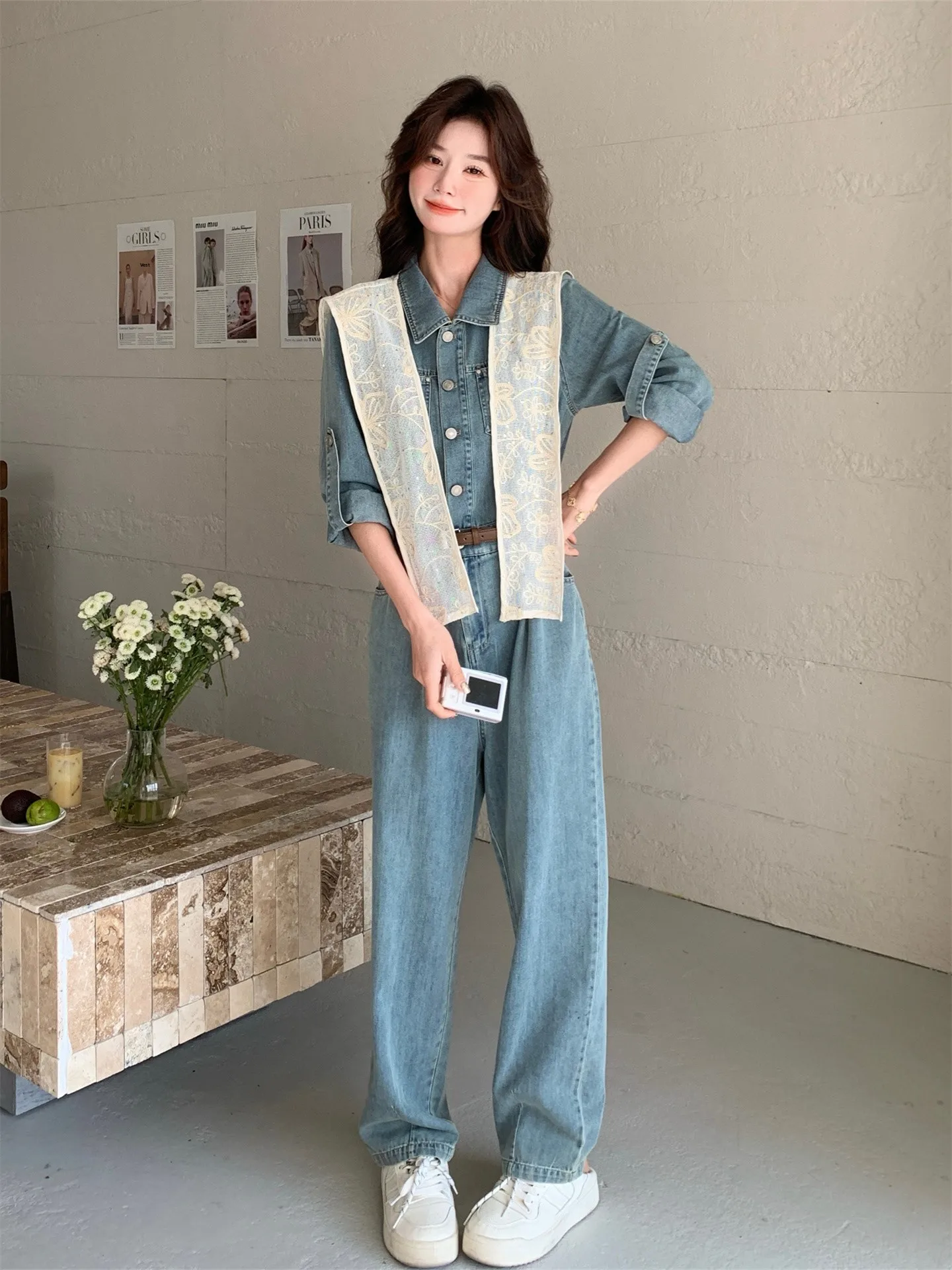 

Blue Korean Sle High Faion Denim Jumpsuit Women's Autumn New Lace oulder Wrap Jumpsuit Breathable Polyester Fabric