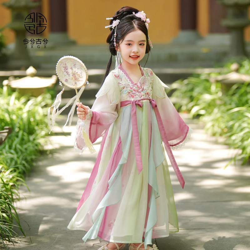 Детское платье Hanfu в китайском стиле на весну и осень 2024, платье принцессы в старинном стиле для девушек, супер сказочное осеннее