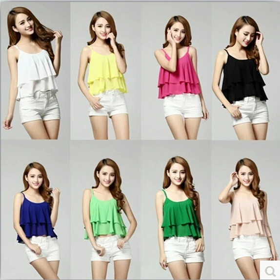 2024 Summer Women Blouse Candy Color Shirt,double ruffles Sexy Chiffon Blouse Strap Vest Tops blusas tank tops