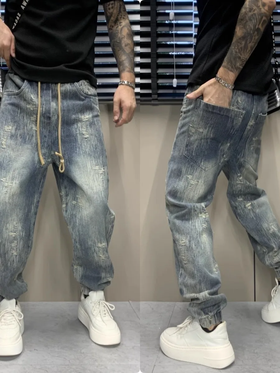 

Retro Washed Ripped Drawstring Denim Jeans Men's Loose Cuffed Harlan Casual Pants Summer 2026 Youth Fashion Wear Resistant