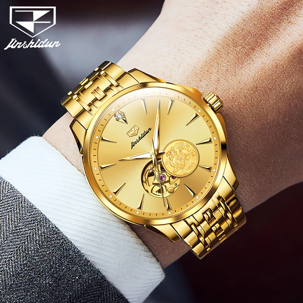 Real Gold Automatic Watch for Men Swiss Movement JSDUN Original Wristwatch Sapphire Mirror Waterproof Clock Business Men\'s Watch