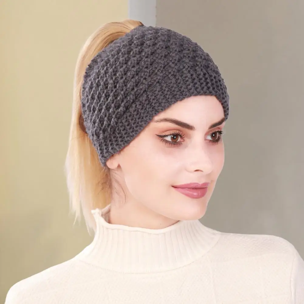 Knitted Hat Handmade Empty Top Stretchy Soft Cozy Ears Autumn Winter Women Headband Beanie Cap for Outdoor