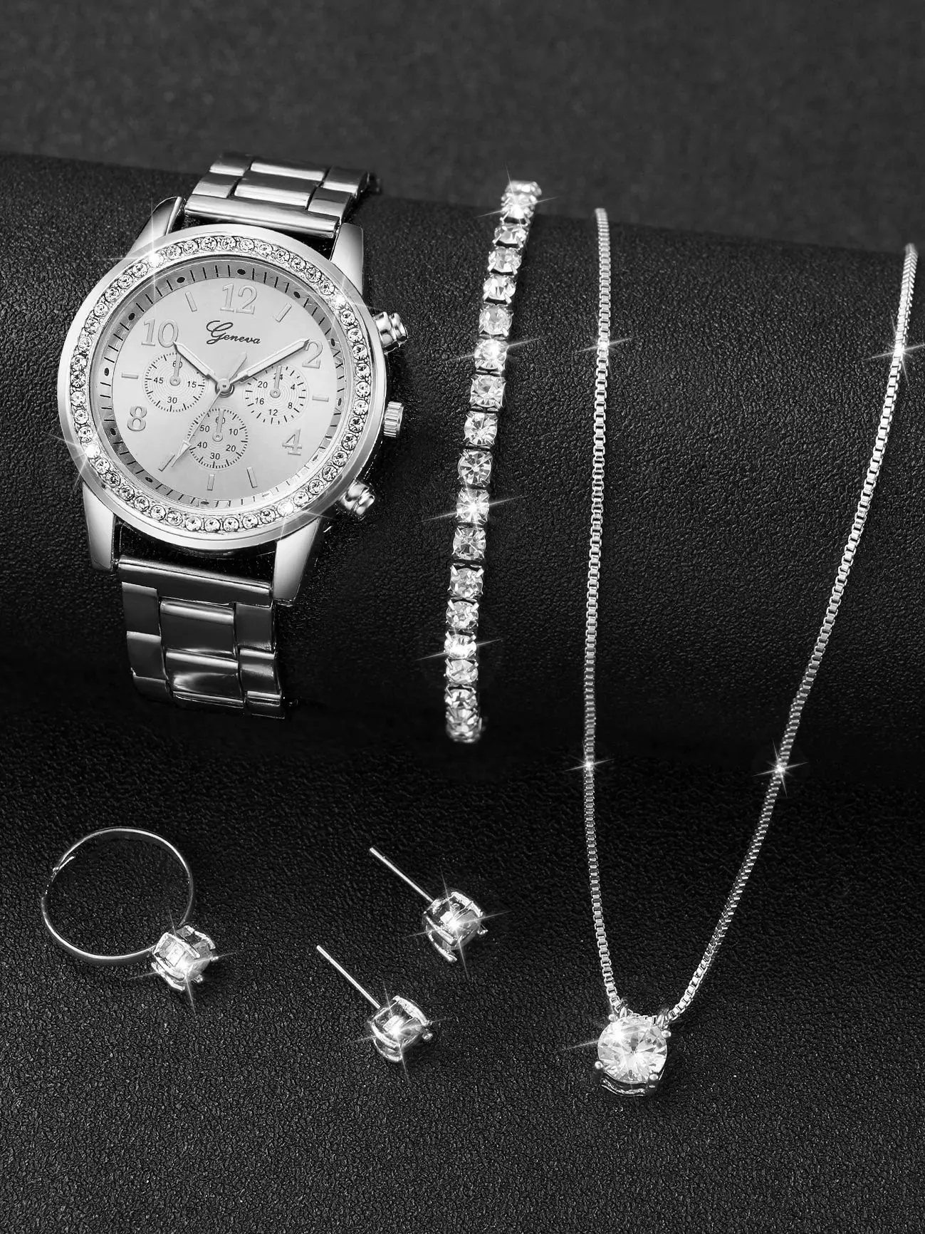 6 sztuk/zestaw zegarek damski moda srebrny stalowy pasek analogowe zegarki kwarcowe zestaw biżuterii diamentowej (bez pudełka) — zdjęcie 2