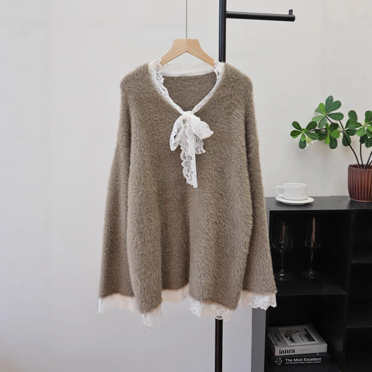

Women Knitted Pullovers Sweaters Mid Length Jumpers Lace Solid Round Neck Long Sleeves Loose Fit Thick Casual 2025 Autumn Winter