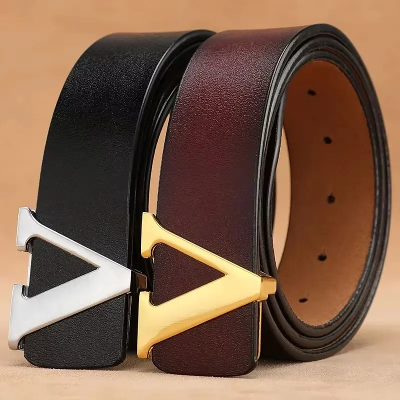 

High Quality Letter V Buckle Belt Men's Genuine Leather Pure Cowhide Belt for Men Luxury Male Belt Designers Jeans belt