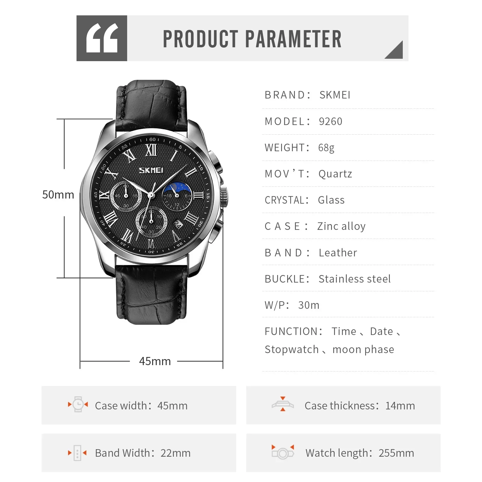 Skmei Casual Quartz Wristwatches Waterproof Stopwatch Date Clock Male Montre Homme Creative Moon Phase Sport Mens Watches 9260