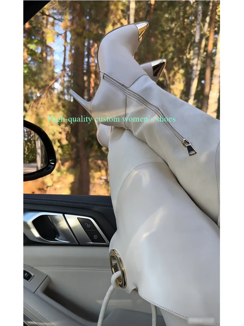 

Pointed Gold White Color-Blocked Version Rear Strap Women's Knee-High Boots Stilettos Banquet Luxury Women's Boots