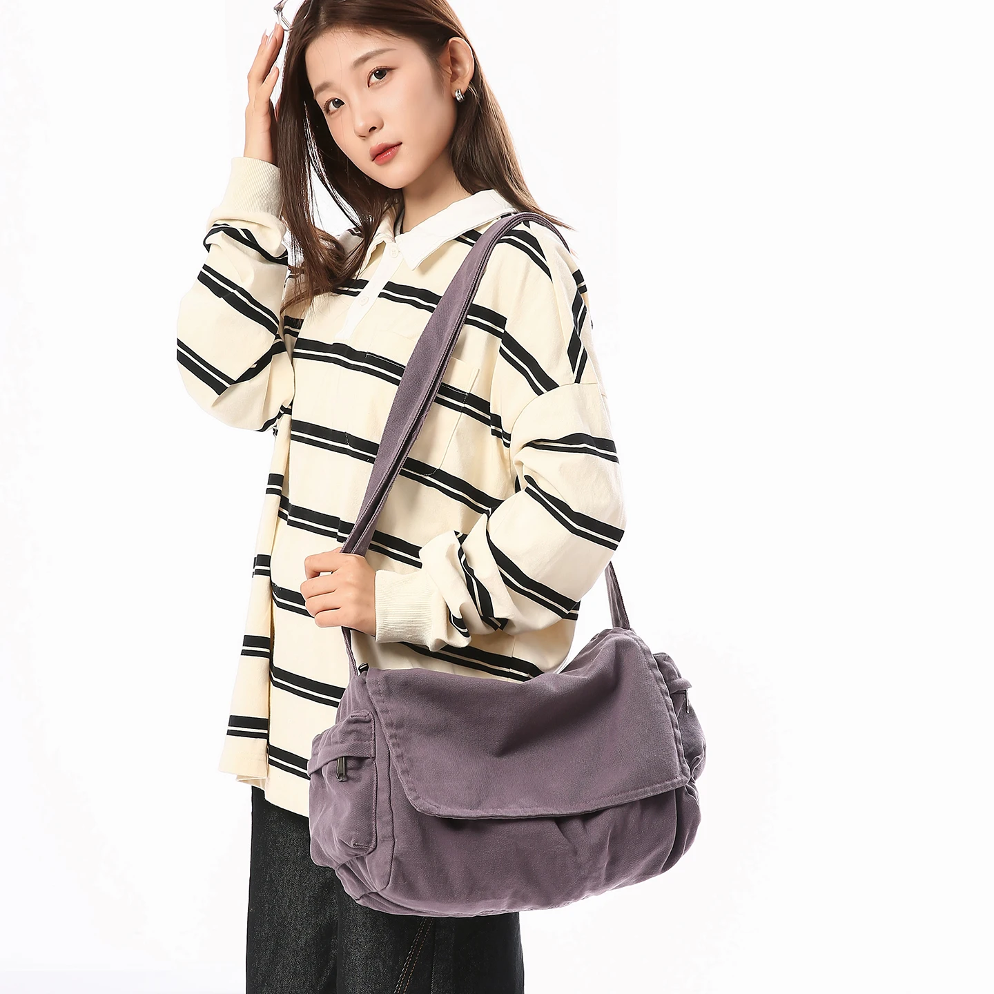 

Canvas Women's Bag Flap Shoulder Bag Purple Eco Bag Korean Shopper Messenger Bag Y2K Handbag Student Satchel Multi Pockets Work