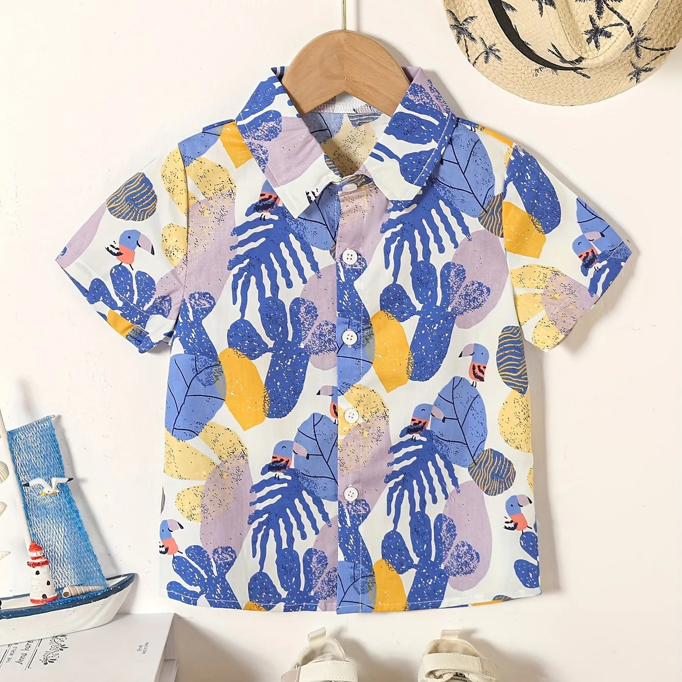 

Summer Shirt for Boy Hawaiian Shirt Boy Short Sleeve Tops Leaf Printed Blouses for Girls Lapel Shirt Outdoor Children's Blouse