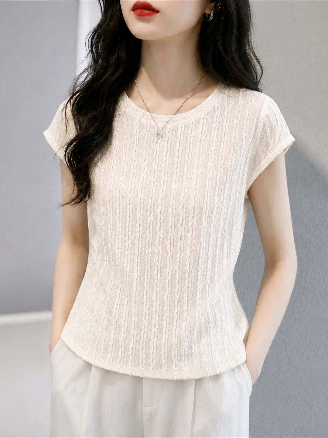 Summer round Neck Short Sleeve Texture Sensation Overhead Casual Style Versatile T-Shirt Fashionable Commuting Shirt
