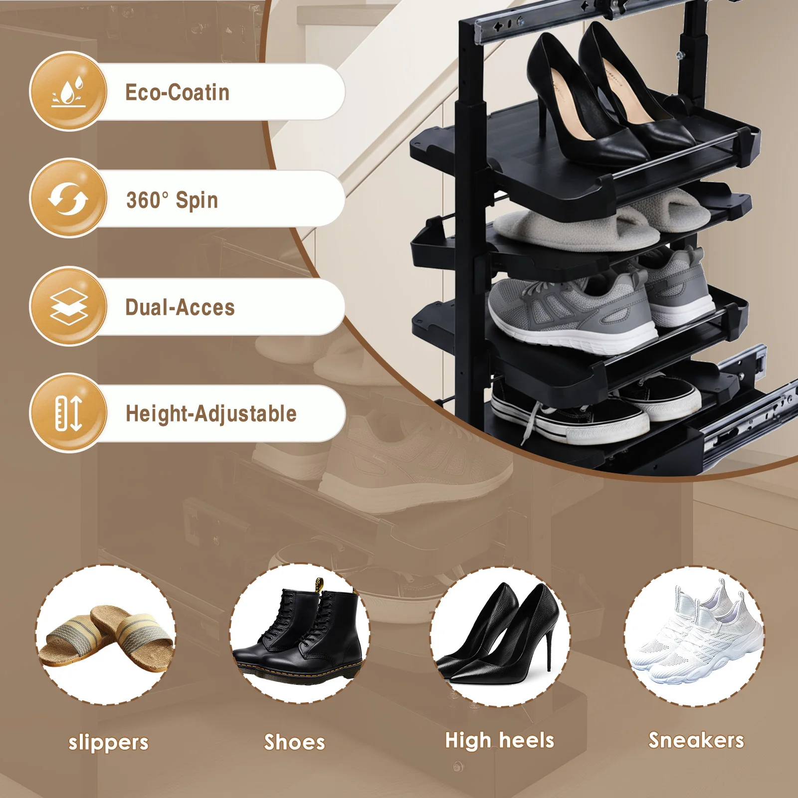 

4 Tier Pull-Out Vertical Shelf Organizer Adjustable Height Retractable Metal Stackable Shoe Rack for Closet Shoe Cabinet