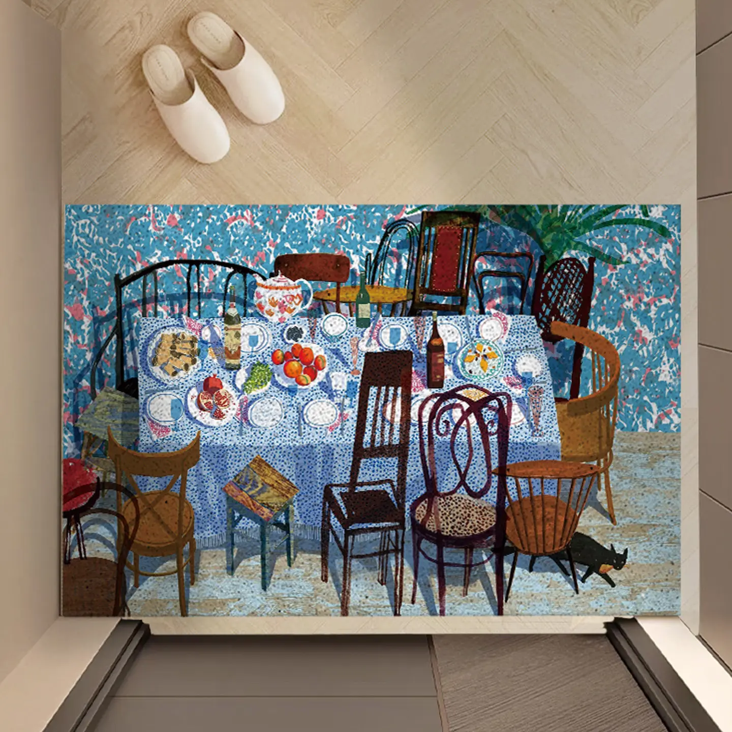Boho Illustration Dinner Table PVC Coir Doormat Non‑Slip Backing Dust Catching Entrance Floor Mat Wear‑Resistant Welcome Rug