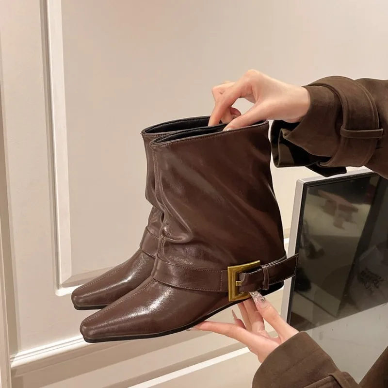 

Belt Buckle Booties Fashion Small Square Toe Sleeve Soft Sole Anti-Slip Wear-Resistant Inner Heightening Low Heel Shoes