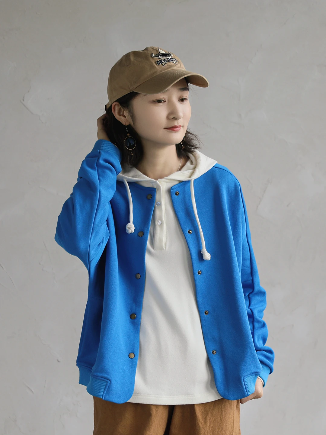 

100% Cotton round Neck Sweatshirt Jacket Women's Vintage Baseball Uniform Color Spring New Casual Loose Fit Coat