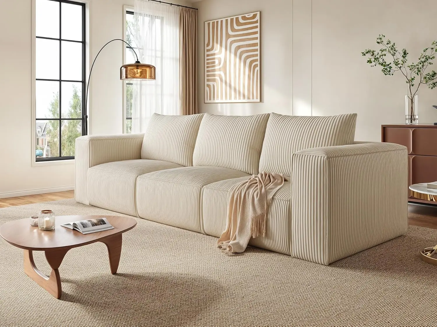 

Oversized Deep Modular Sectional Sofa, Cloud Couch 3-Seat with 3 Pillows, Corduroy, No Assembly, Milky White