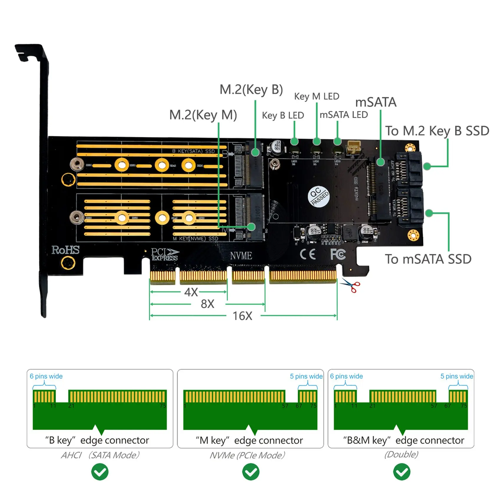 3 in 1 Msata and M.2 NVME SATA SSD to PCI-E 4X and SATA3 Adapter for 2280/2260/2242/2230 SSD