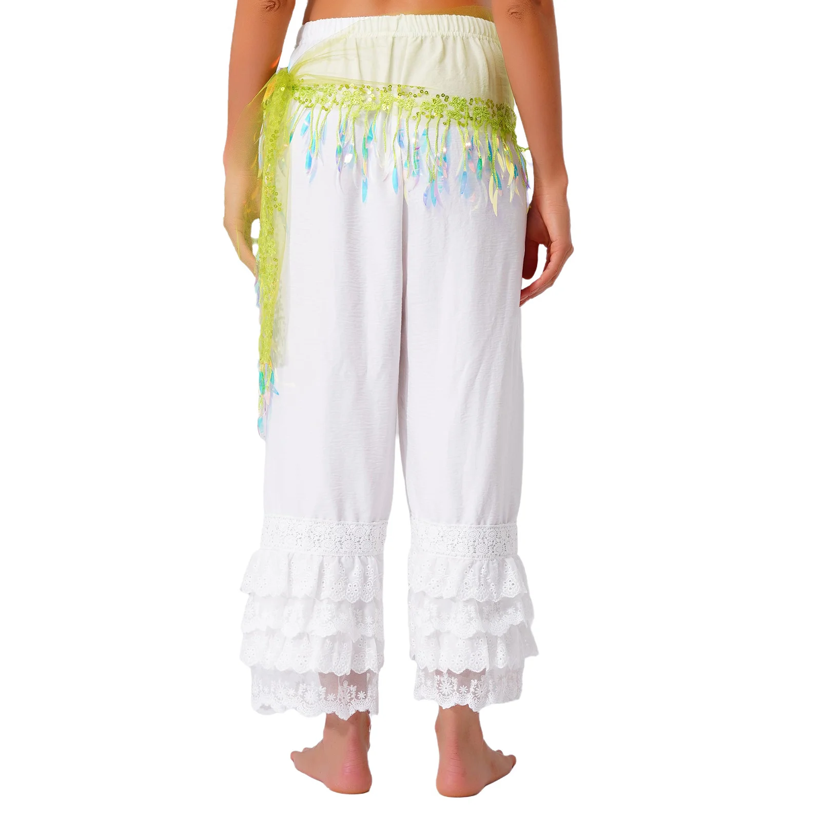 Women Belly Dance Hip Scarf Willow Leaf Shaped Sequin Tassel Patchwork Mesh Lace-up Waist Chain Skirt Oriental Dance Costume