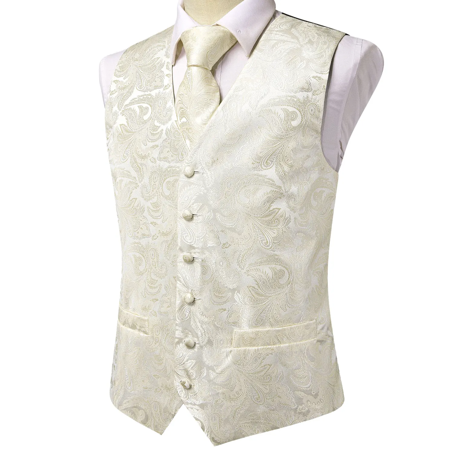 Elfenbeinfarbene goldene Paisley-Jacquard-Weste mit V-Ausschnitt, 4-teiliges Set mit Krawatte, Einstecktuch und Manschettenknöpfen für Champagner-Hochzeit, Brautparty, Frühlingsbankett – Detail 4