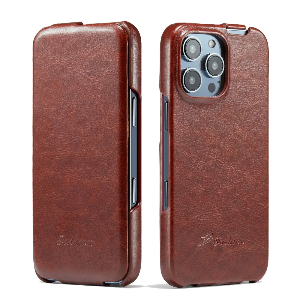 Retro-Leder-Handyhülle für iPhone 16, 15, 14, 13, 12, 11 Pro Max, 16Plus, 16E, vertikaler Flip, echtes Leder, harte Rückseite
