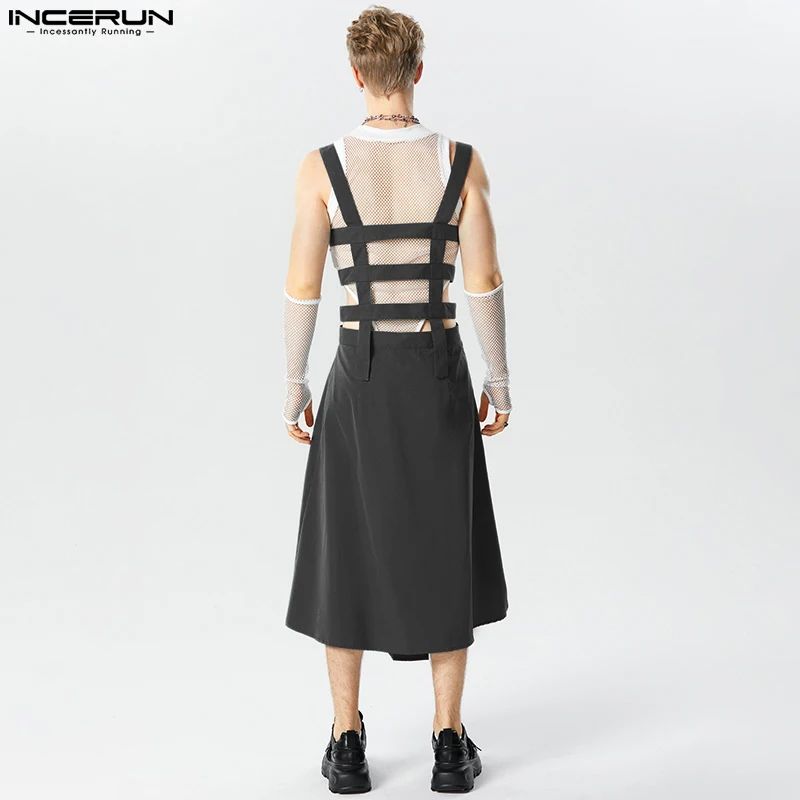 2023 Men Irregular Skirts Jumpsuits Solid Color Hollow Out Straps Men Pants Streetwear Personality Male Skirts S-5XL INCERUN