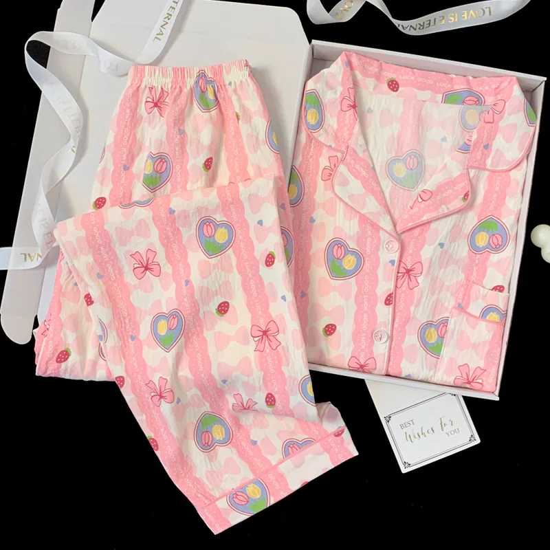 

Spring and Autumn Pink Cloud Cotton Can Be Worn Outdoors Homewear, Love Stripe Print Long Sleeves Pants, Loose Casual Pajama Set