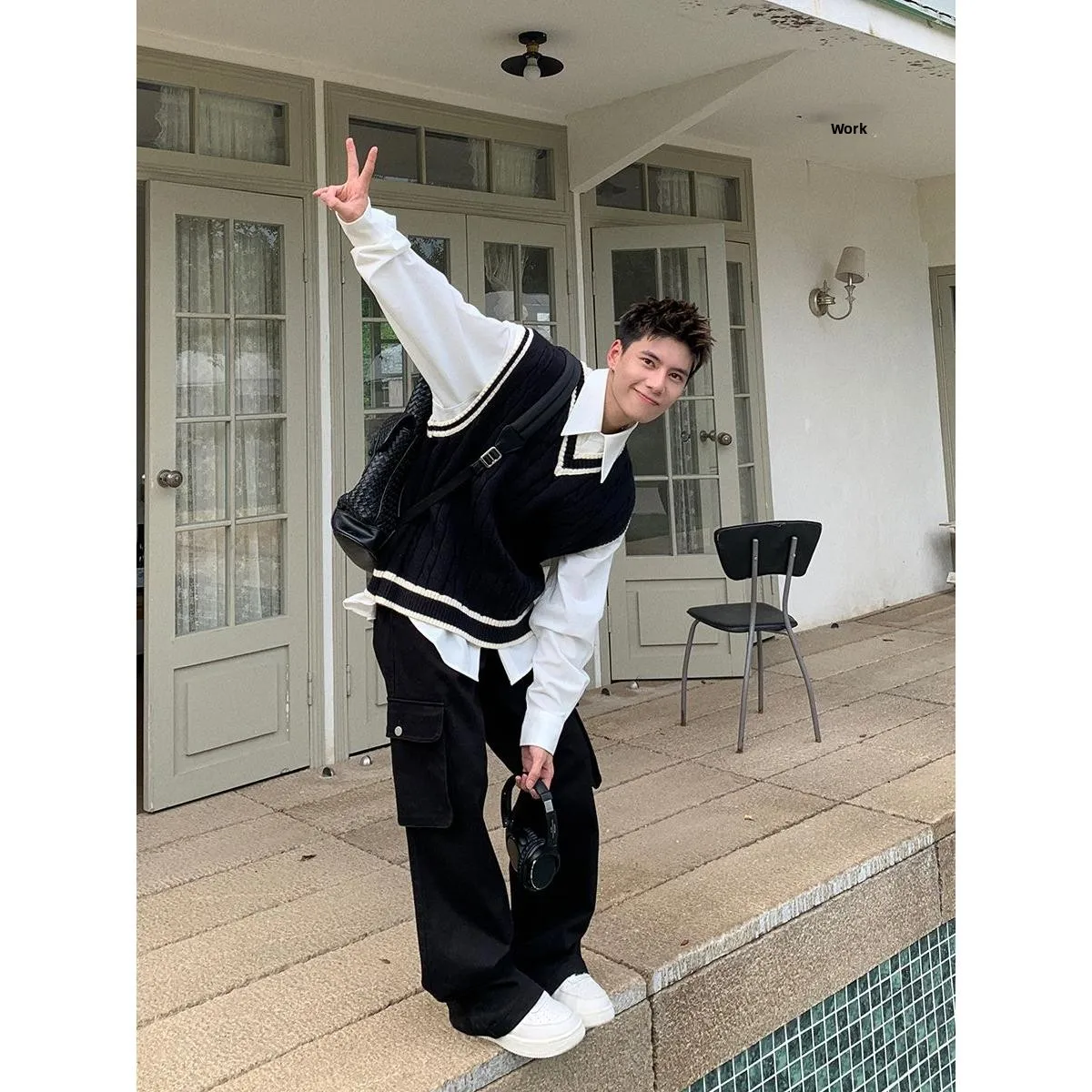 

Holocene American Retro V-ne Knitted Vest Autumn Winter Twist Color Blo Svel Vest College Sle Casual Wear