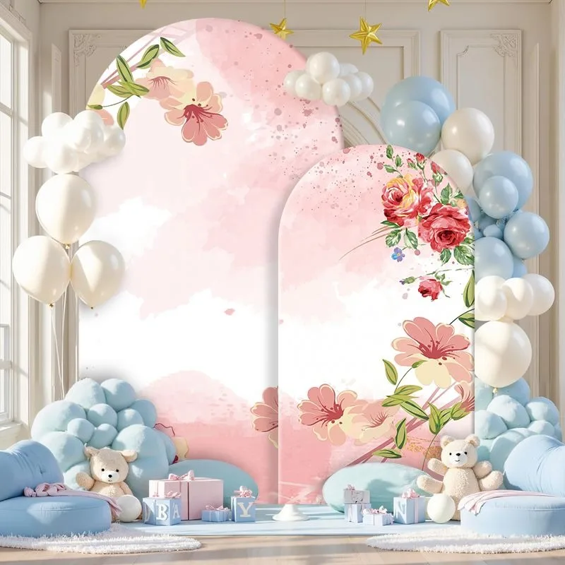 Elastic Double-layer Arch Backdrop Cover Elegant Floral Pink Background Panel for Party Decorations Soft Watercolor Roses
