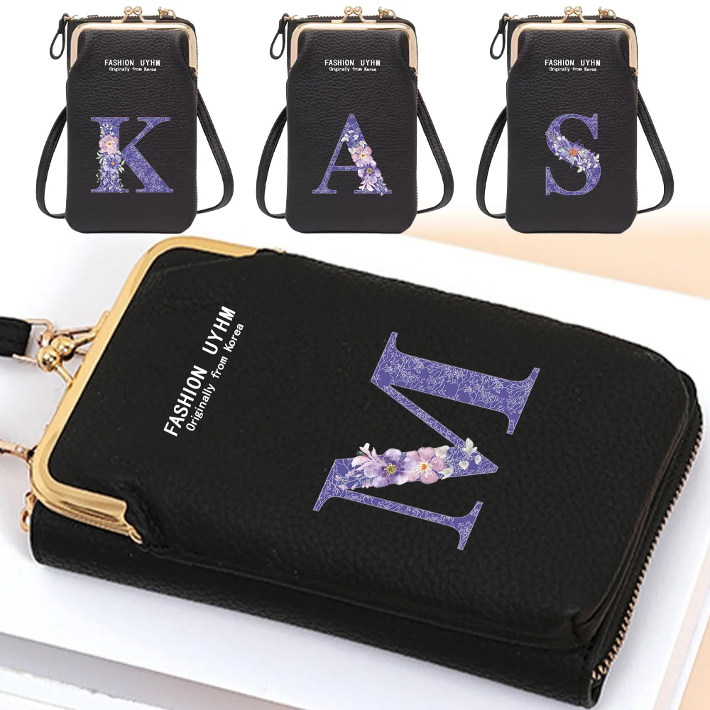 Ladies Wallet Coin Purses Cards Holder Women's Shoulder Mobile Phone Bag Suitable for IPhone/Huawei Purple Flower Letter Pattern