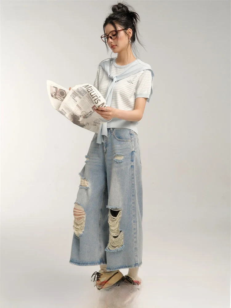 

Chill Zoe High Waist Thin Denim Jeans Women's Summer High Light Worn Nine Points Casual Wide Leg Pants No Stretch