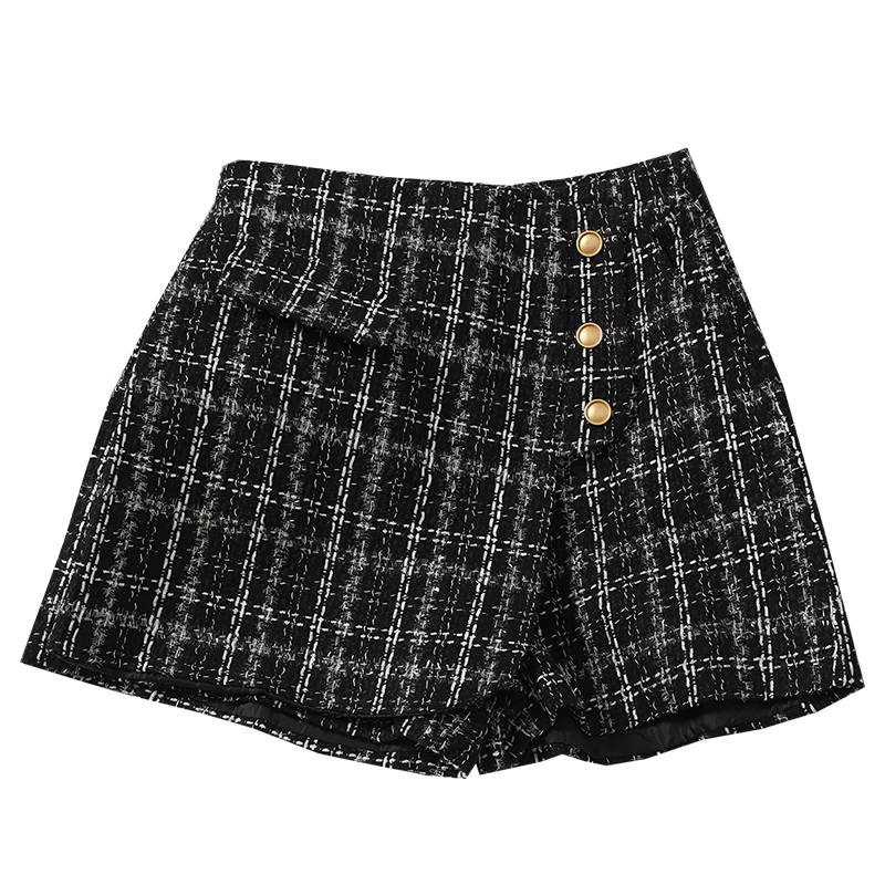 ITOOLIN Women Irregular Tweed Shorts Spring Plaid Buttons Shorts A-line Wide Leg Skirts For Women High Waist Skirts 2023