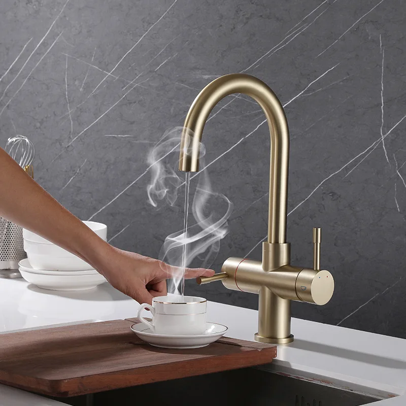 

New Home Direct Drinking Pure Faucet Set 304 Brushed Gold Cold and Hot Dual Use Kitchen Boiling Water Faucet